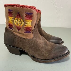 Caborca Ankle Booties Brown Aztec Embroidered Women's 7.5 Suede Made in Mexico